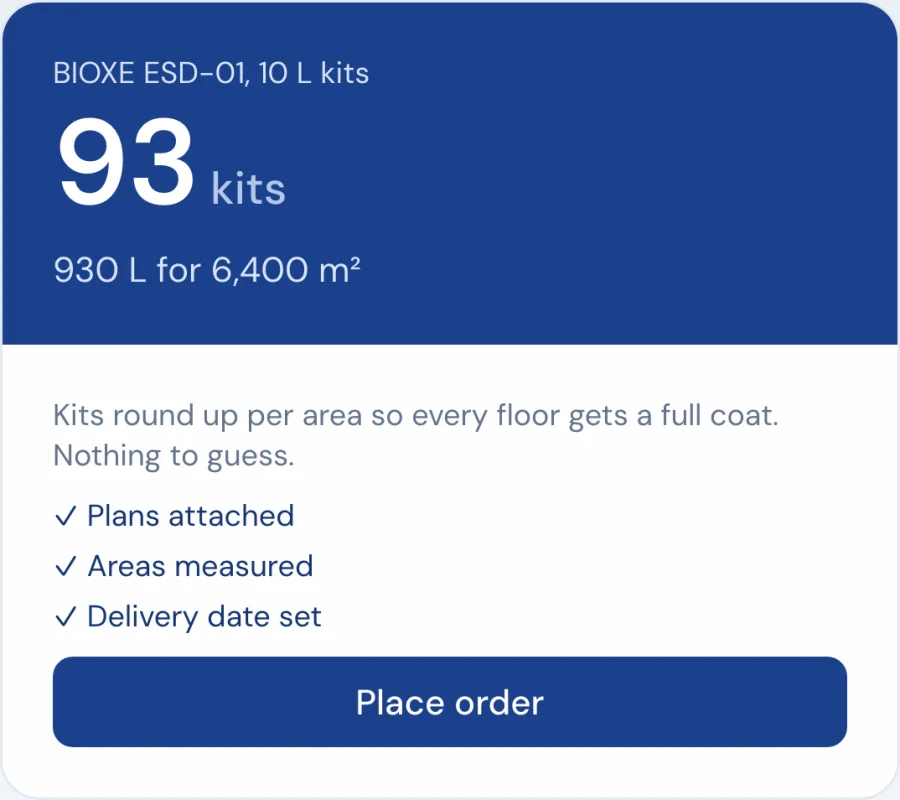 The same order summary on a phone: 93 kits, 930 litres for 6,400 square metres, with Place order ready.