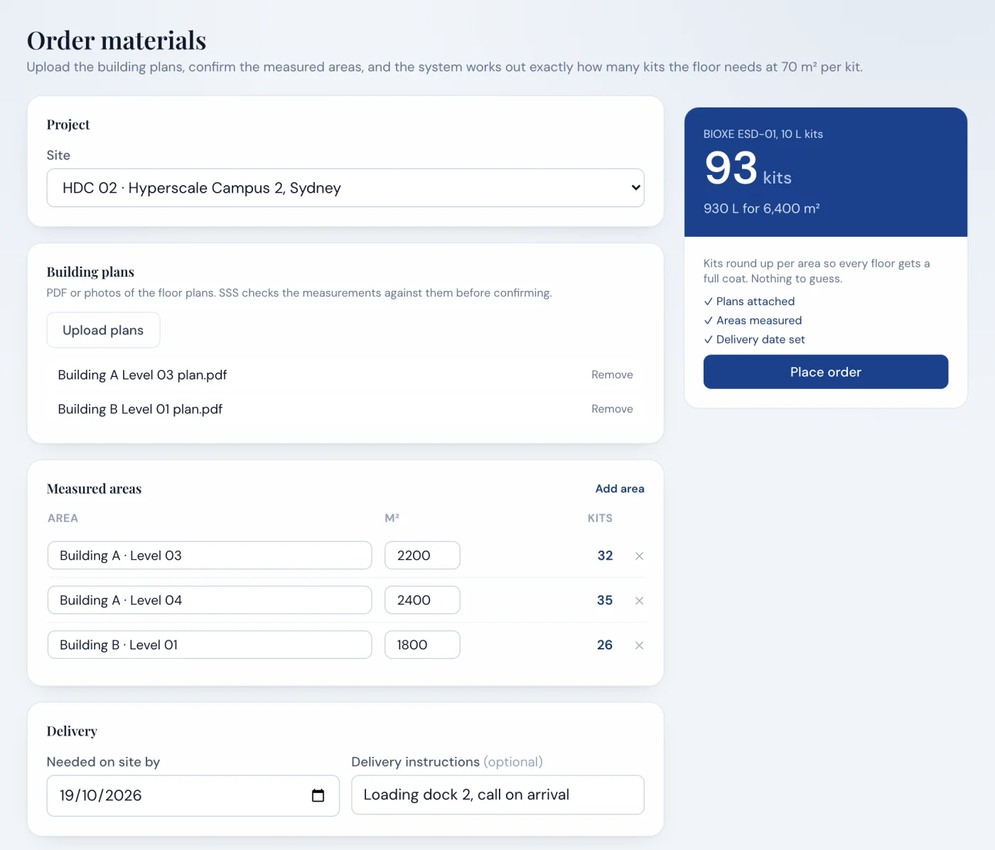 Order materials screen. Two building plans attached, three measured areas totalling 93 kits, delivery needed by 19 October 2026 with delivery instructions, and a summary panel showing 93 kits, 930 litres, all three checks complete and the Place order button ready.